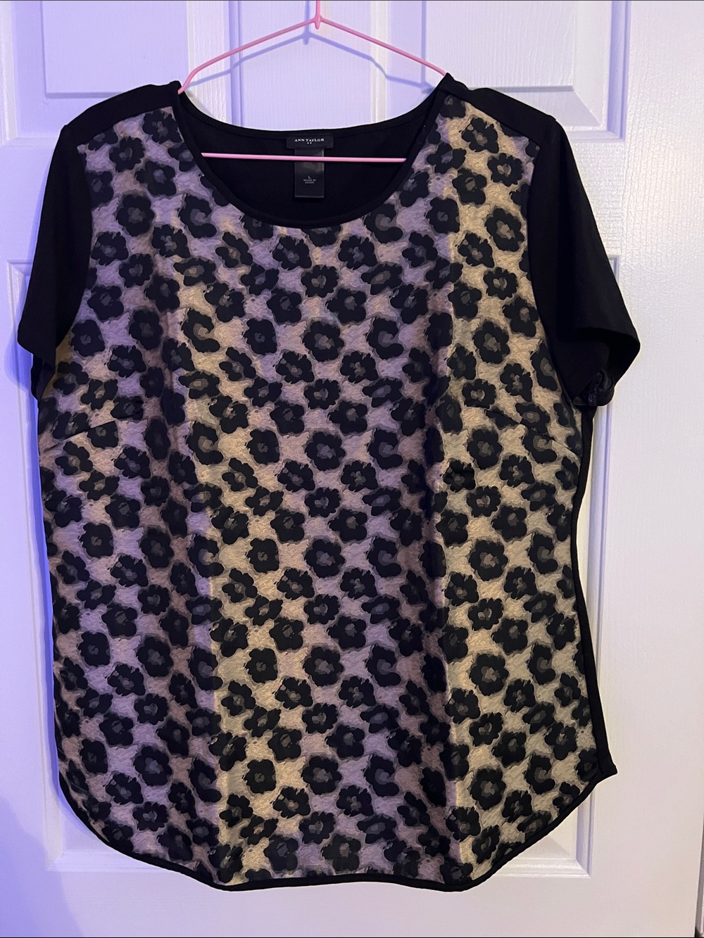 Ann Taylor Black Floral Overlay Short Sleeve Blouse